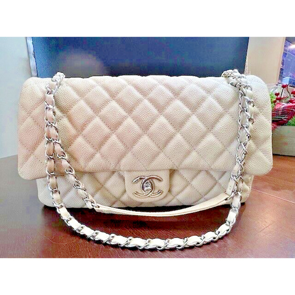 100% AUTHENTIC CHANEL CLASSIC EASY FLAP JUMBO CAVIAR BAG BEIGE QUILTED SILVER - Picture 1 of 16